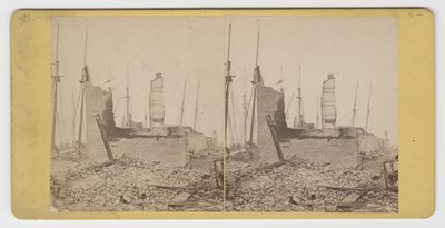 Stereograph of view of South Water St., between Clark and Wells, after the Chicago Fire of 1871 by American Photographer